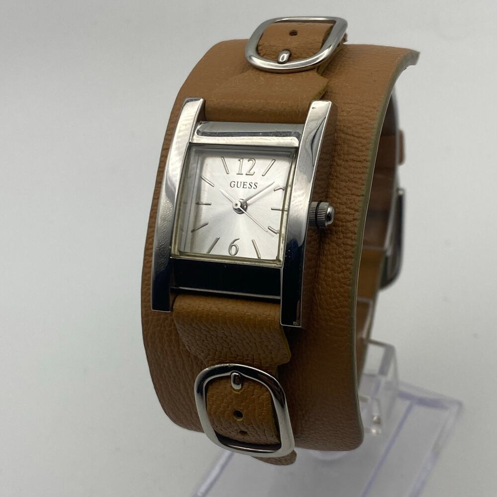 Chic Guess G55341L Silver-Tone & Tan Leather Cuff Watch Working New Battery
